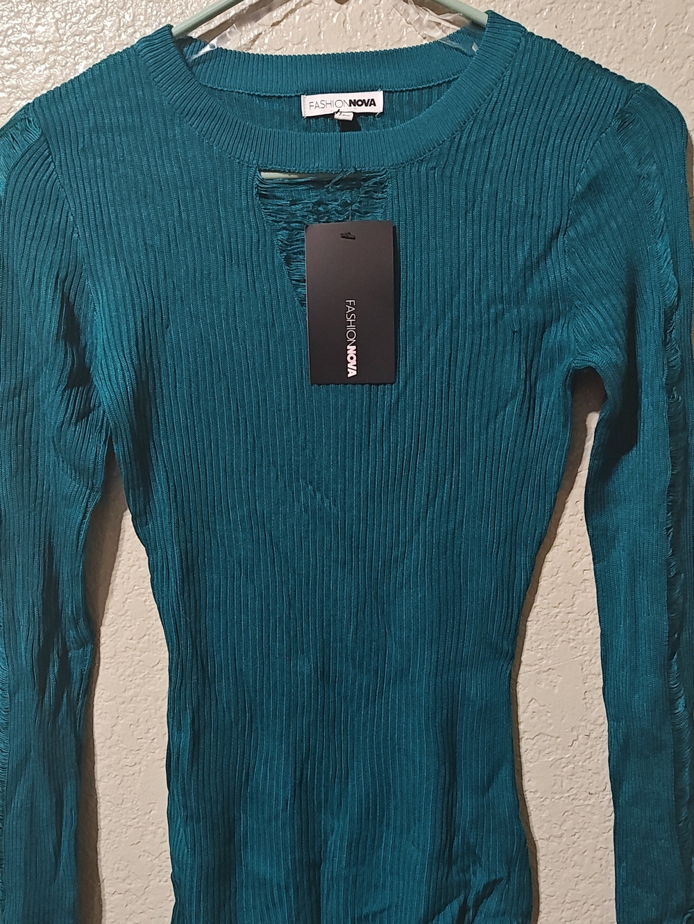 Fashion Nova Teal Ribbed Crewneck Long Sleeve Top